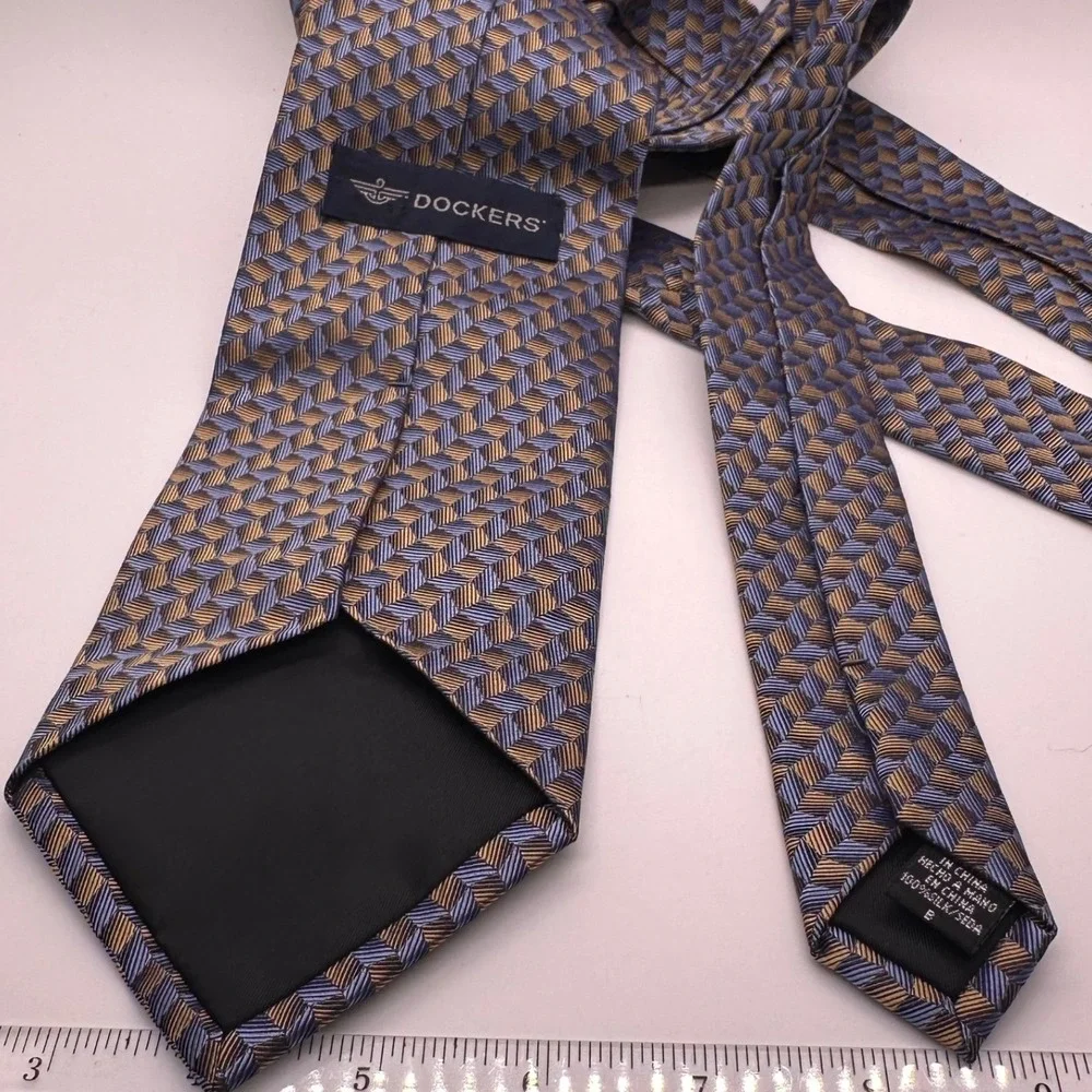 Dockers Silk Tie Geometric Pattern Blue Gold Business Casual Office Professional